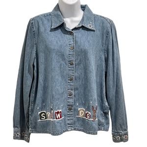 Christopher and Banks Jean Jacket Embroidered Snow Days Womens L 400:S1414